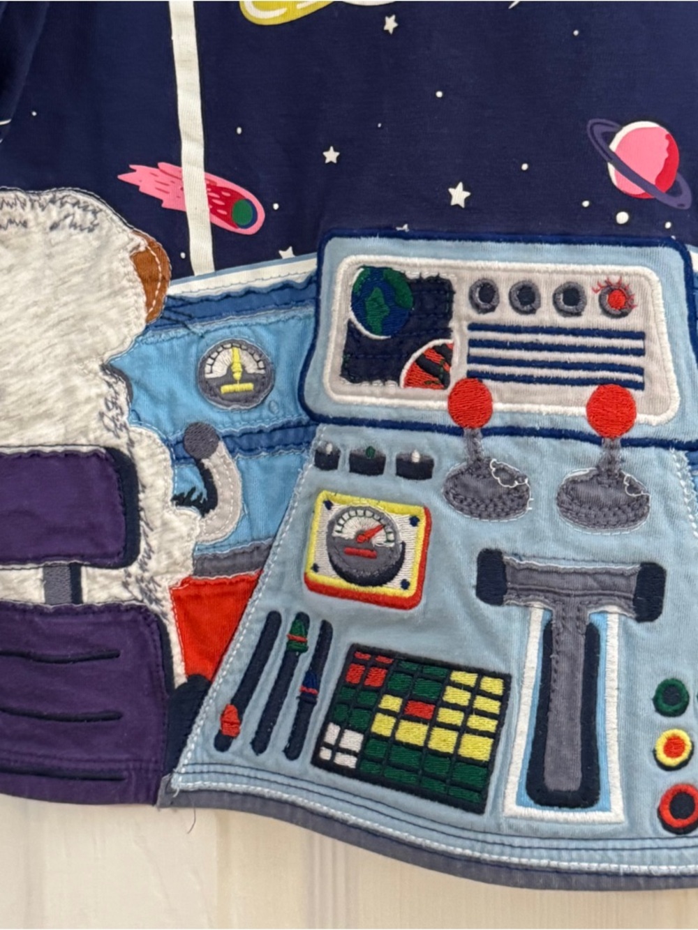 Mini Boden Boy Navy Space Cockpit Appliqué Colorful Planets Print Long Sleeve - Picture 4 of 8